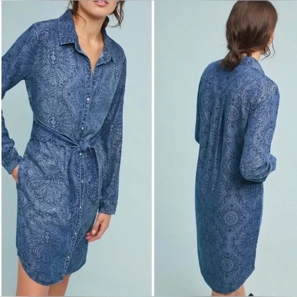 Cloth & Stone x Anthropologie Chambray Printed Button Belted Shirt Dress Small - Picture 1 of 16